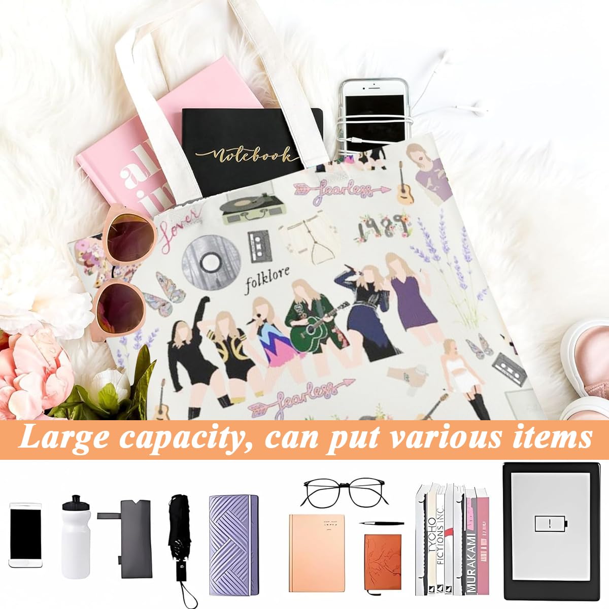 PALAY Girls Tote Bag Taylor Swift Print Canvas Bag Cartoon Picture Print Shopping Bag Zipper Bag Book Bag Taylor Swift Fans Merchandises Gift Tote Bag