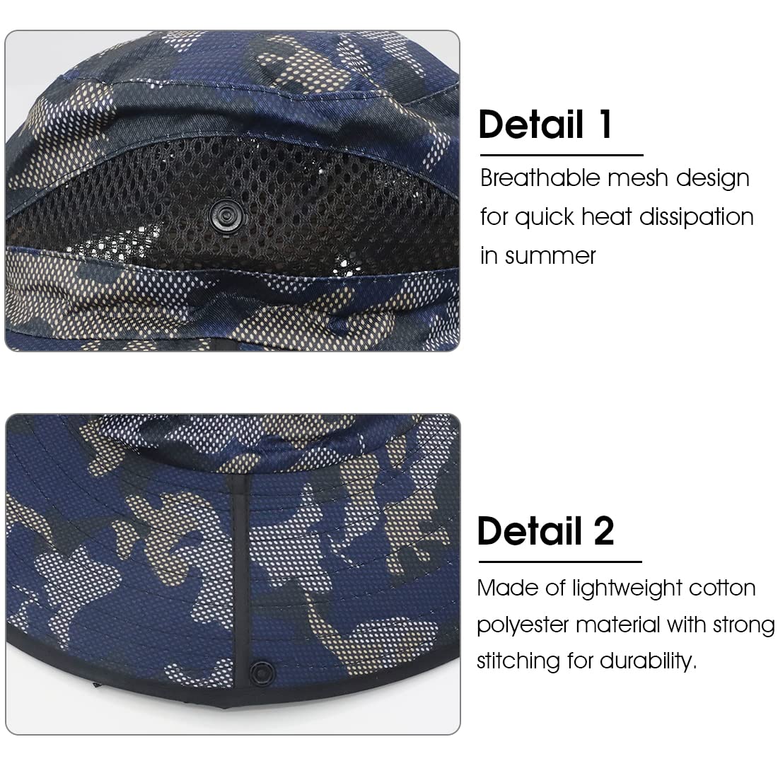 GUSTAVE Wide Brim Bucket Hats, Summer Caps for Men,with Adjustable Chin Strap,Classic Solid Color,Breathable Mesh Caps,Outdoor UV Protection for Summer, Travel,Hiking, Camping (Camouflage)
