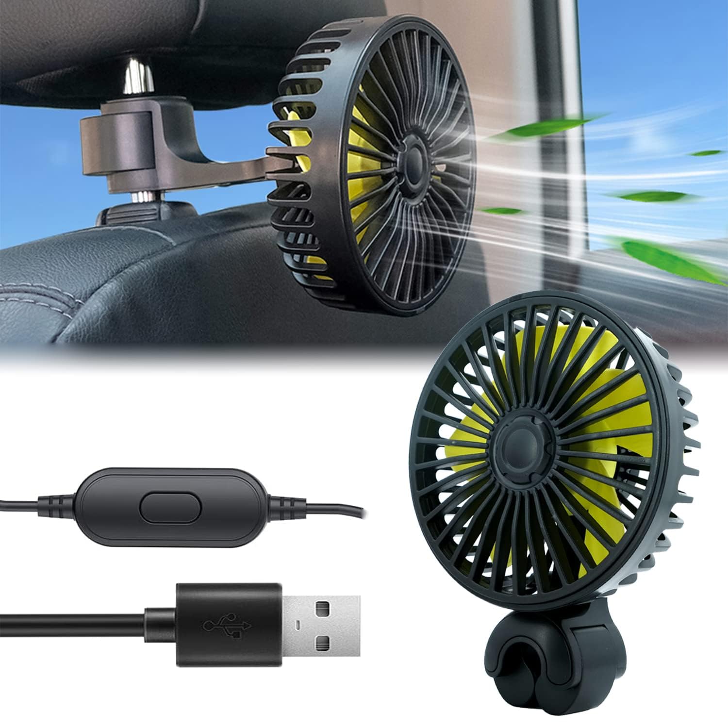 HASTHIP® 2 Pcs USB Fan with 3 Speed, Switch Controller, USB fan for Baby, Back Seat Passengers for Car Back Seat, Rotatable USB Fan with USB Cable, Headrest Mounted 5V Mini Fan