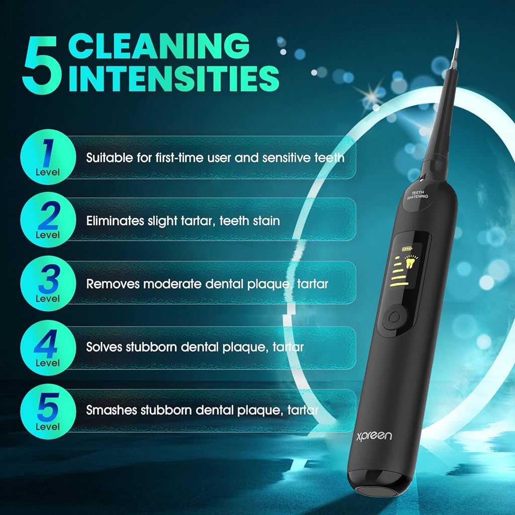 HANNEA Teeth Cleaning Kit Tooth Cleaner with 3 Working Modes No Need Water Teeth Flosser Household Remover for Teeth Fighting Tartar Tooth 2 Replaceable Heads and LED Light Teeth Stain Remover