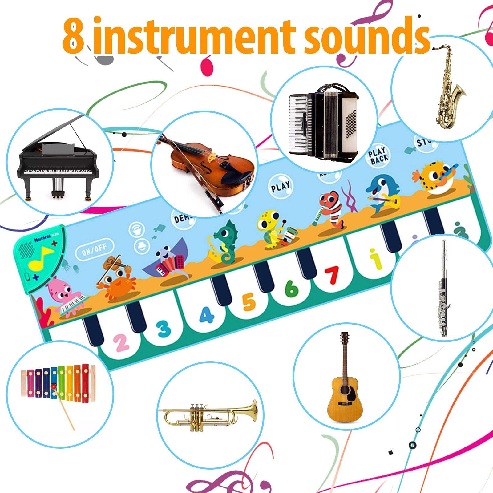 PATPAT Musical Mat for Kids, 8 Sounds Music Piano Keyboard Dance Floor Mat Carpet Animal Blanket Touch Mat Musical Toys Early Education Toys for Baby Girls Boys 1-3 Years Old(43.3x14.2in)