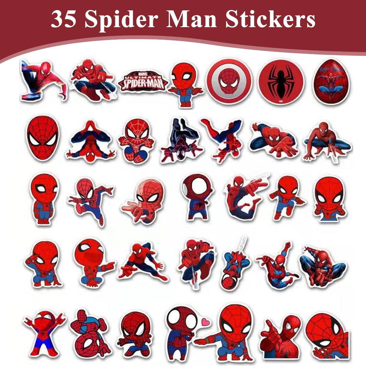 HASTHIP 35Pcs Spider-Man Stickers for Kids, Superhero Stickers Spider Man Cartoon Sticker PVC Waterproof Stickers for Water Bottle, Helmet, Flask, Car, Bike, Bumper, Skateboard, Luggage