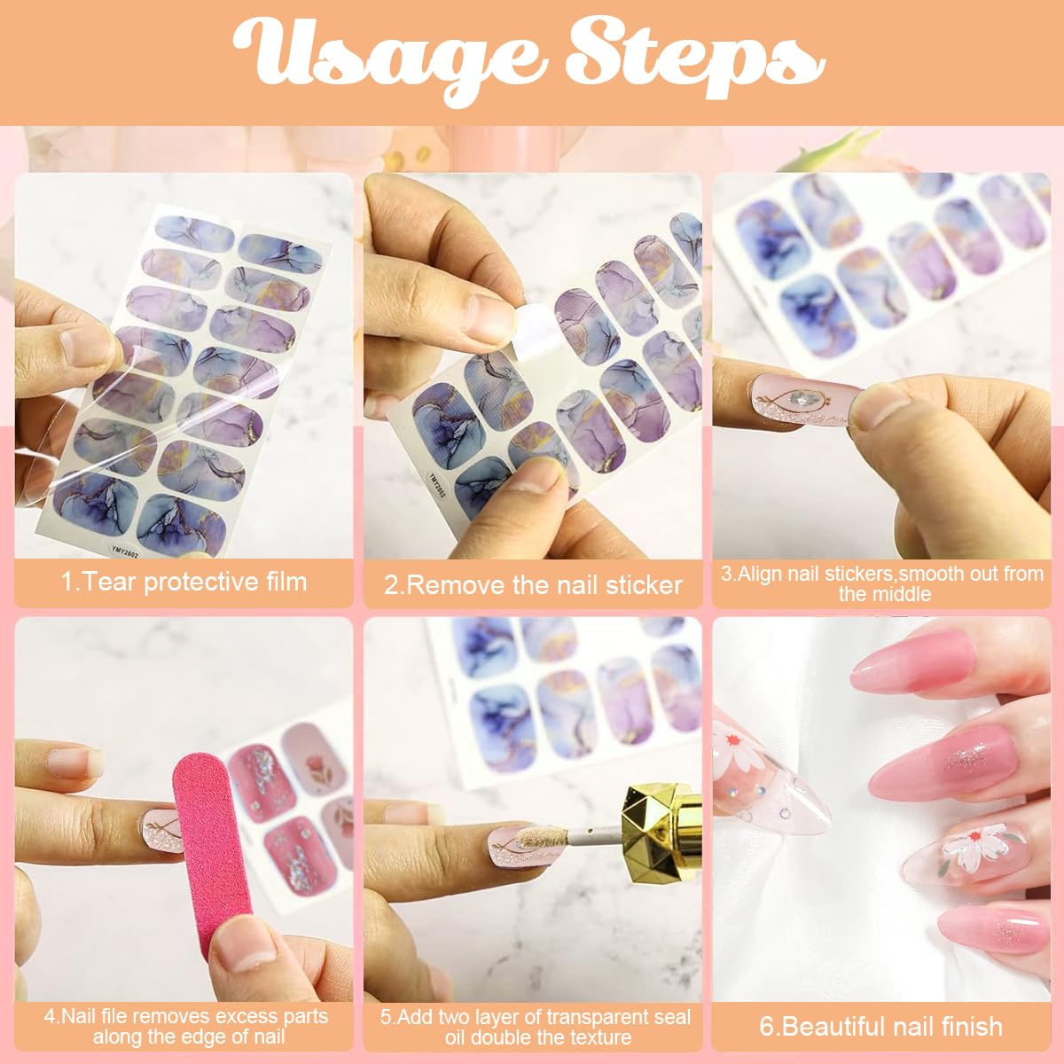 MAYCREATE 5 Sheets Nail Stickers Fake Nail Decal Sticker Full Cover Nail Art Sticker Self Adhesive Embossing Nail Art Sticker for Various Nail Shape DIY Art Decal with 5 Styles(70pcs)