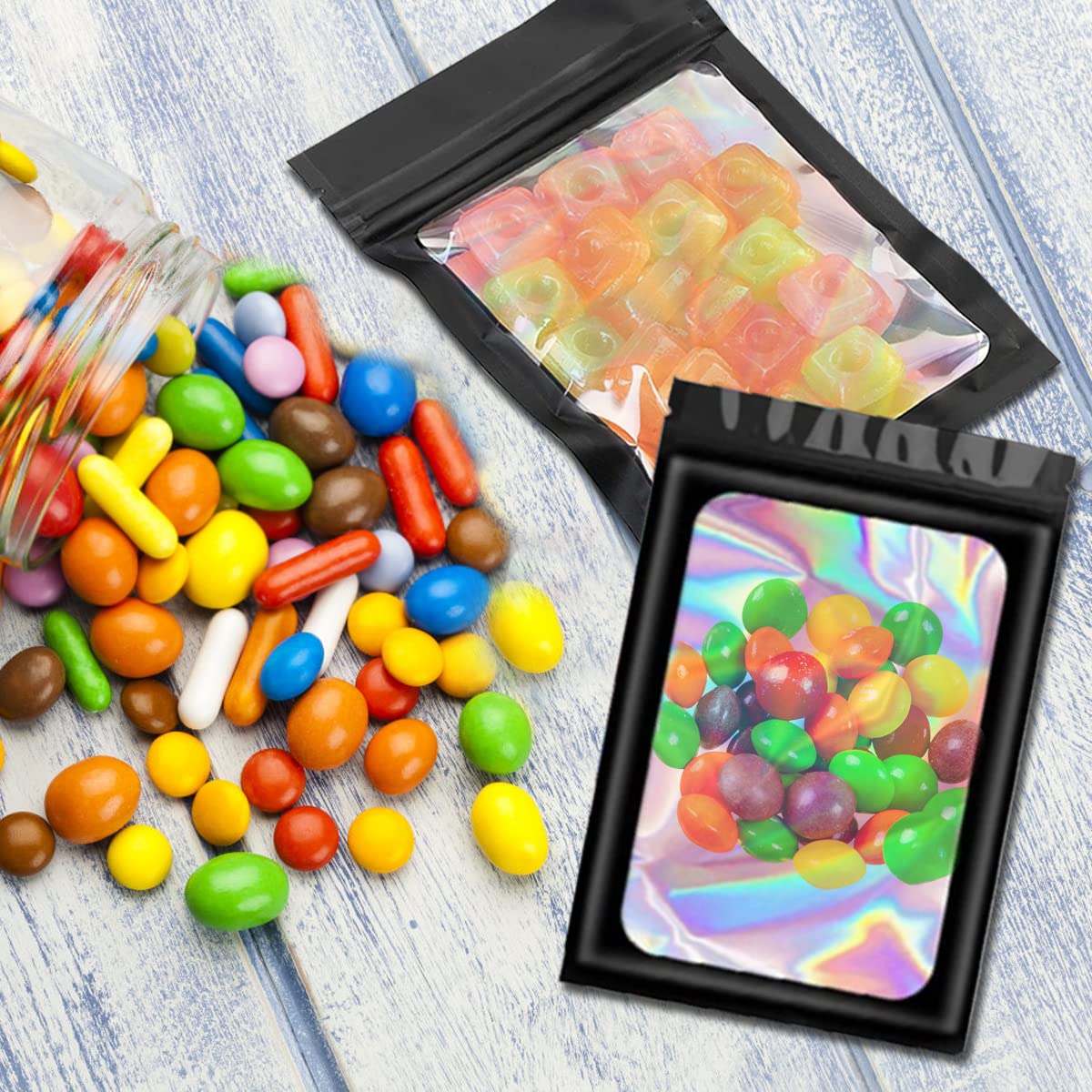 ELEPHANTBOAT Black Resealable Multifunctional Mylar Bags in 100 Pcs Smell Proof for Storing Food, Jewlery, Chocolate, Candy and Cookie with Size 10x18cm