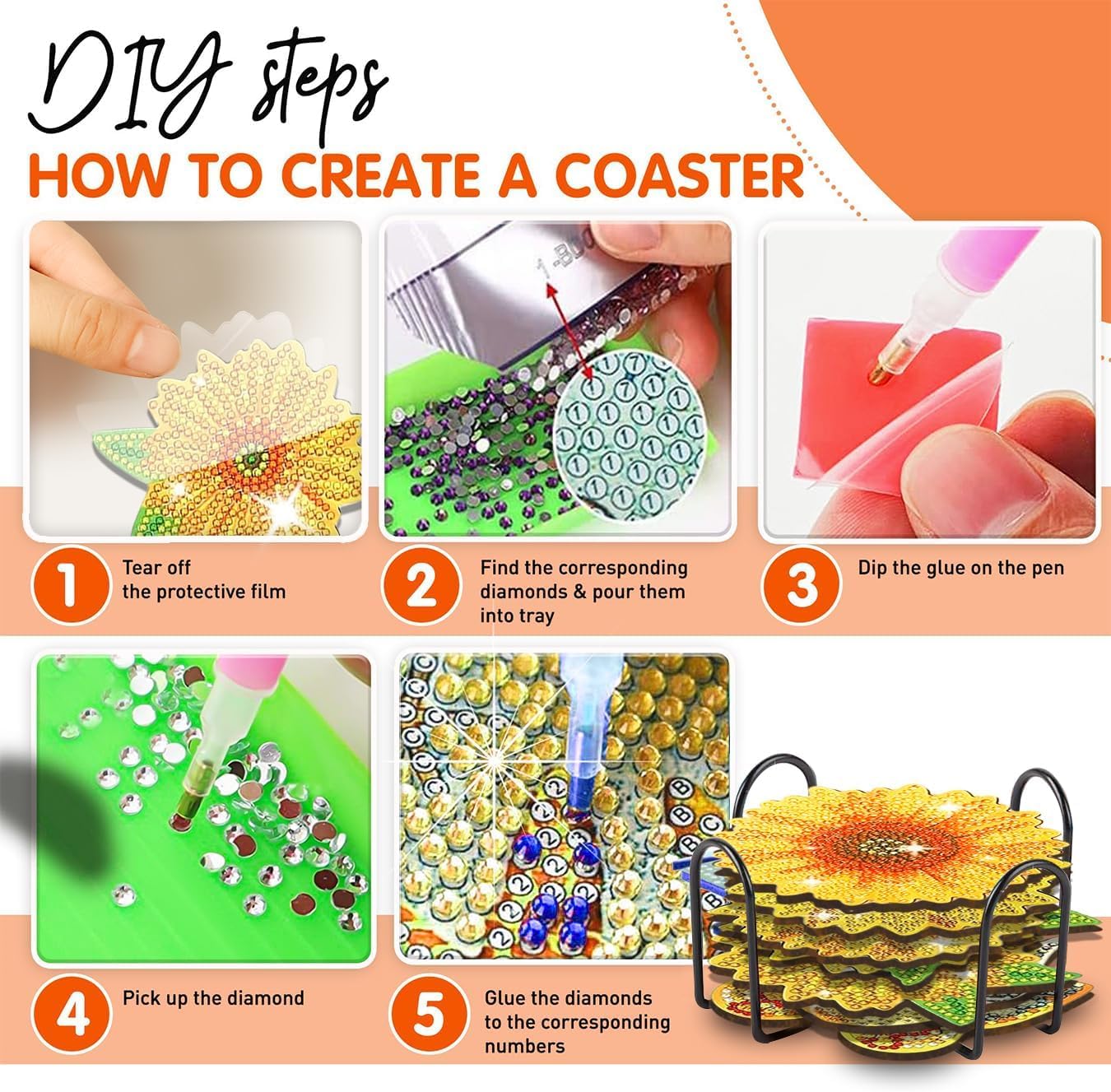 HASTHIP 10Pcs Sunflower Diamond Painting Coasters with Holder, 5D Full Drill DIY Spring Diamond Art Coaster Acrylic Round Coaster for Beginners Adults and Kids Art Craft Supplies, Style E