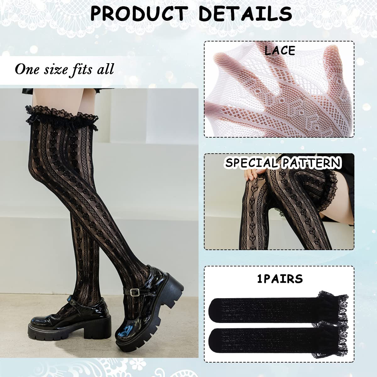 PALAY Lace Knee Length Socks for Women Girls, Lolita Fishnet Thigh High Stockings Heart Striped Ruffled Over Knee High Socks, Fashion Sweet Hollow Out Long Socks (Black, 1 Pair)