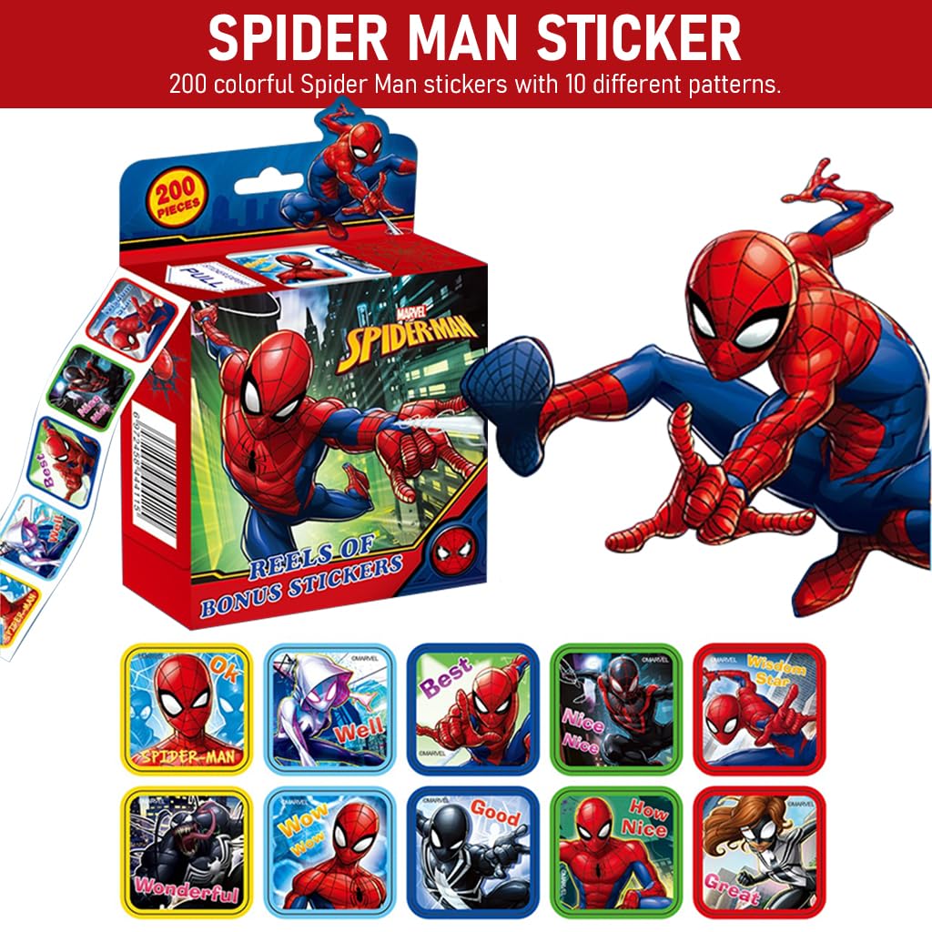 HASTHIP 200Pcs Spider Man Stickers for Kids Rewards, 0.98 inch Spiderman Cartoonish Sticker of 10 Patterns, Party Bag Fillers Boys Girls Teachers as Reward Craft Scrapbooking in Box Gift Set