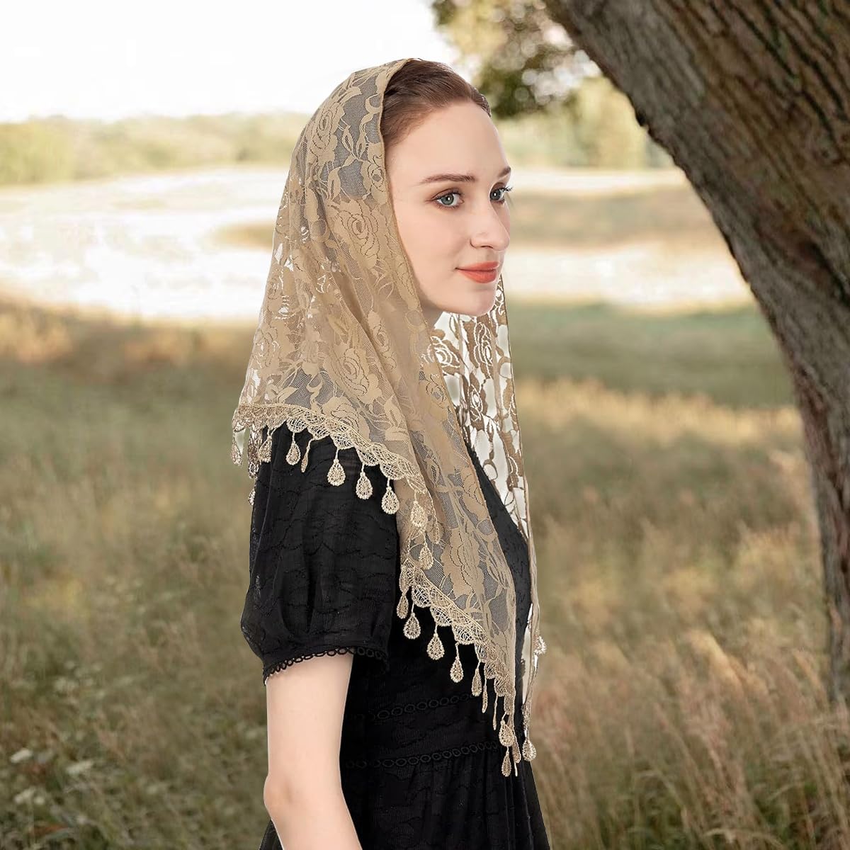 PALAY Mass Veil for Women, Triangle Chapel Mantilla Lace Veil Shawl, Embroidery Rose Tassle Head Scarf Covering, Ladies Church Cathedral Headwear(Brown)