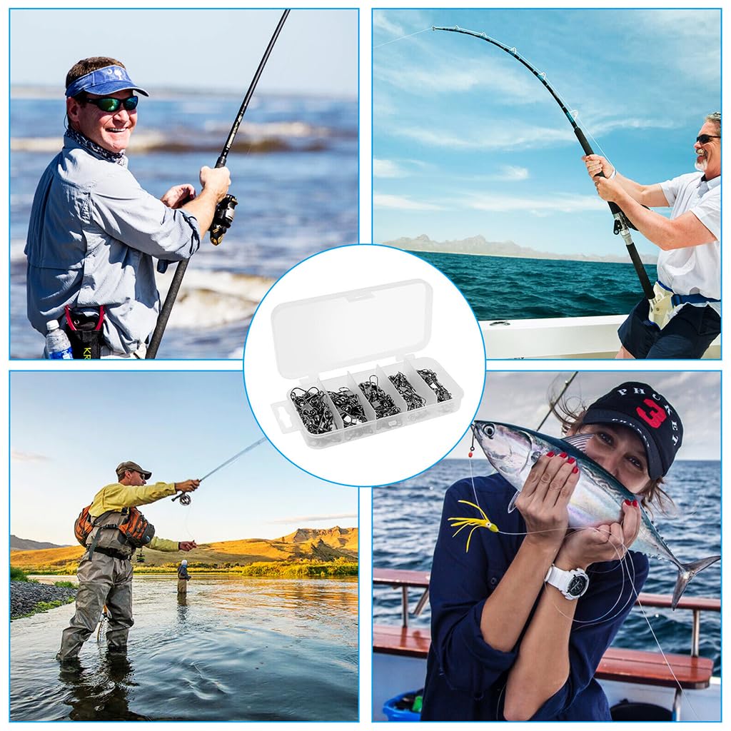 Proberos 50Pcs Fishing Rolling Ball Bearing Barrel Swivel with Safety Snap Connector Fishing Accessories, 5 Sizes