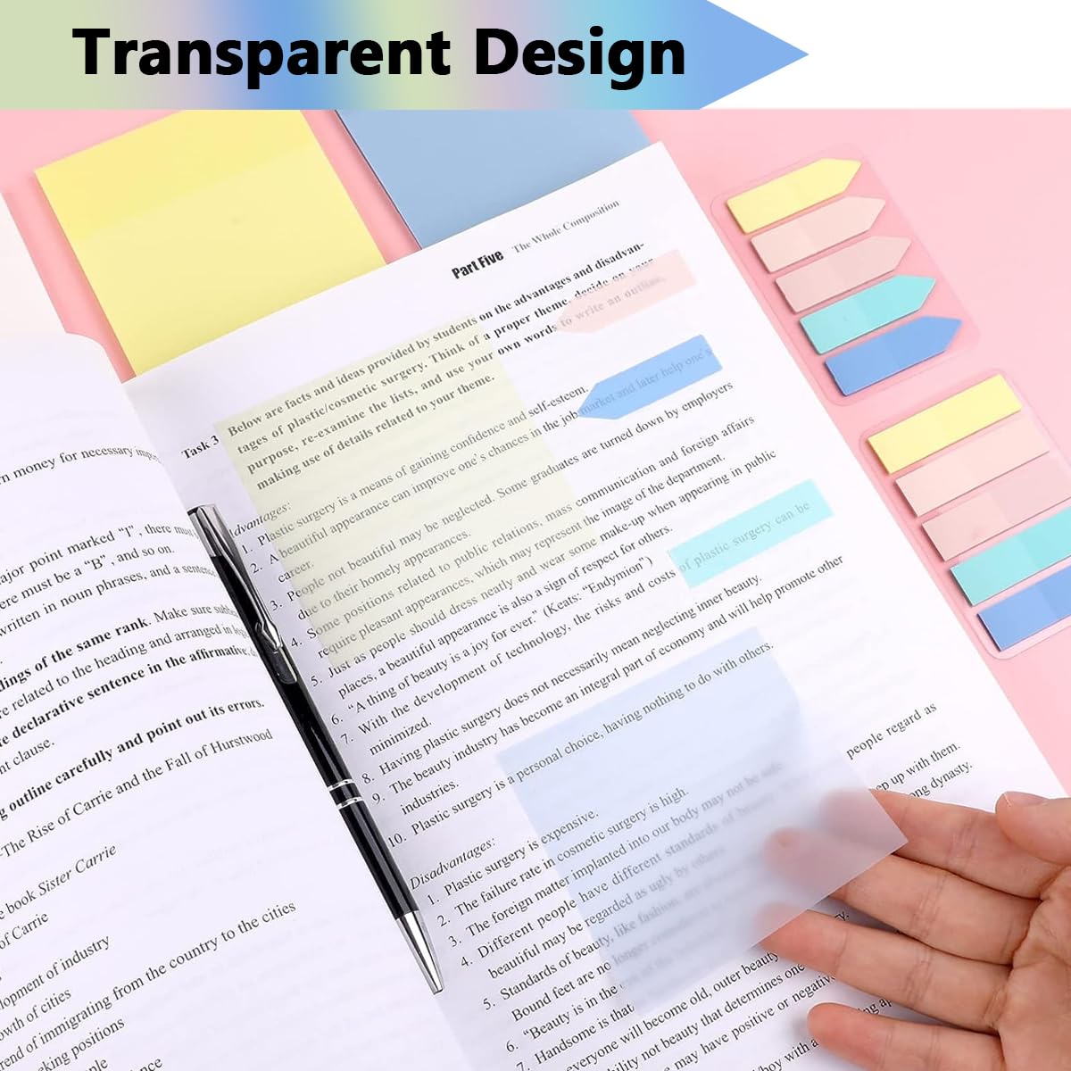 HASTHIP 650 Sheets Sticky Notes, Self Adhesive Transparent Sticky Notes, Pastel Clear Sticky Notes, See Through Coloured Translucent Sticky Notes for Students School Office Supplies