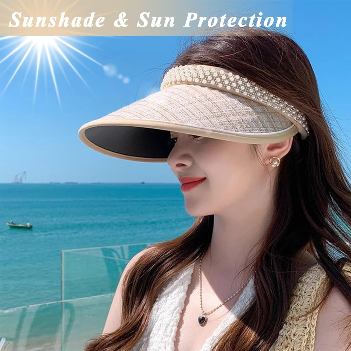 PALAY Sun Hats for Women Wide Brim Visor Beach Hat for Women Summer Hats for Women Fashion Embroidery Pearl Rhinestone Ladies Sport Cap UV Protection Hat - Ajustable