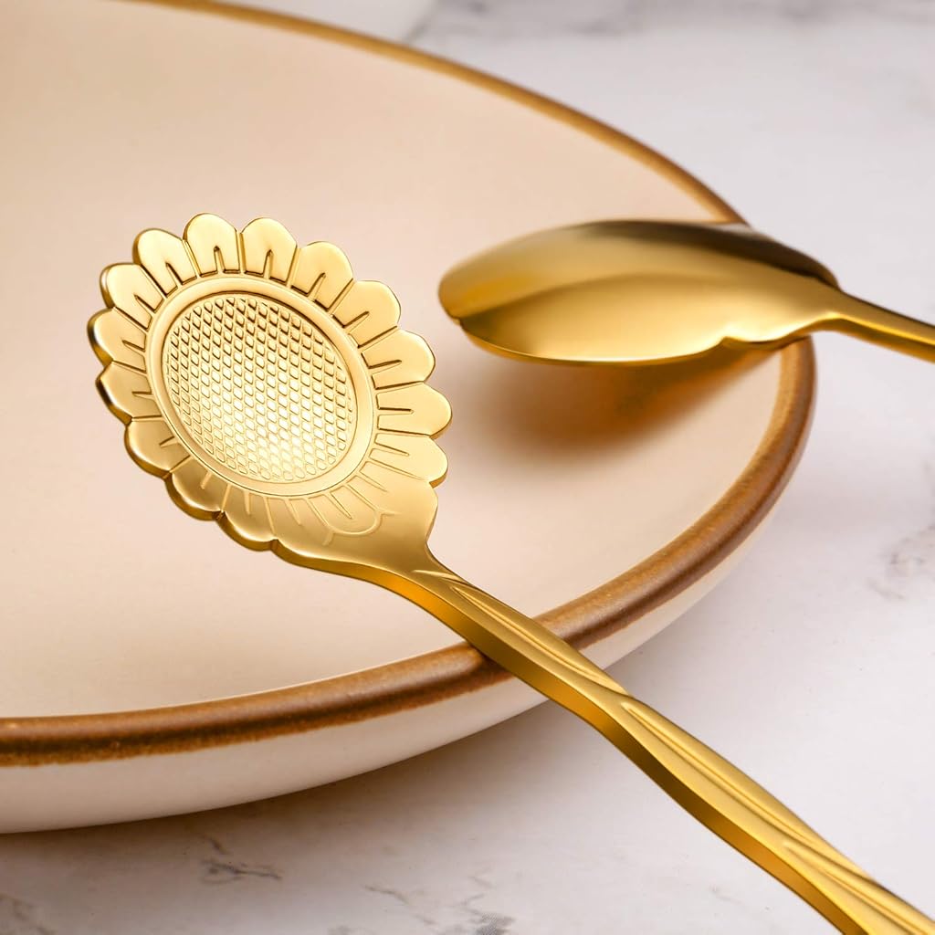 HASTHIP 8 Pieces Flower Spoon Coffee Teaspoon Set, 410 Stainless Steel Tableware, Reusable Sugar Spoon Tea Spoon Stir Bar Spoon Stirring Spoon, 8 Different Patterns (Golden)