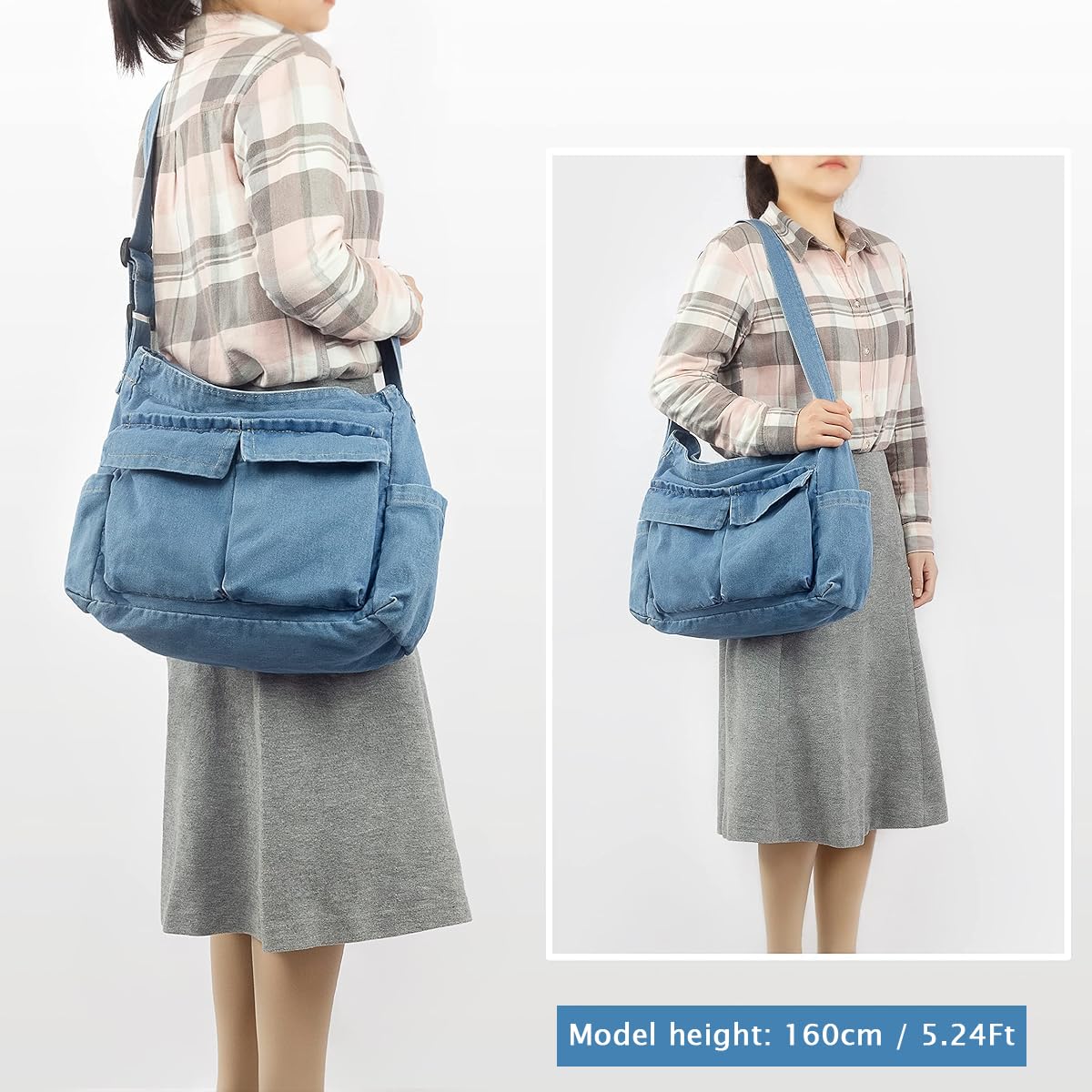 PALAY Canvas Shoulder Bags For Women, Large Capacity Solid Soft Denim Leisure Travel Bag Multiple Pockets Denim Crossbody Bag Denim Bags