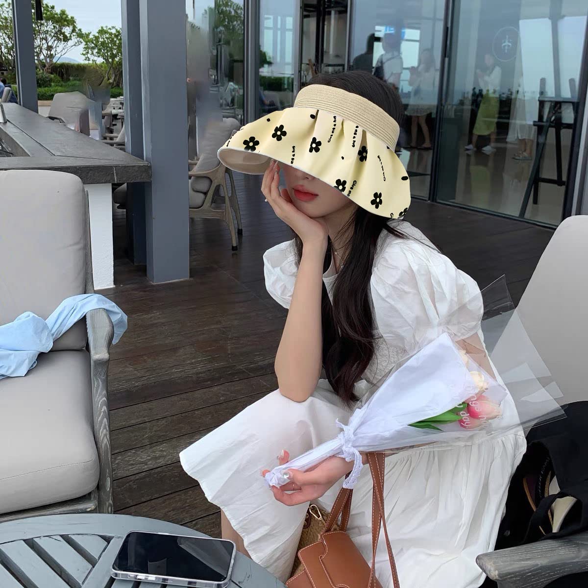 PALAY Sun Hat for Women Foldable Fashion Sun Caps for Women Ponytail Visor Hat Summer Beach Cap, UV Protection Flower Patterns Wide Cotton Brim Woven Straw Headband Hats Beige