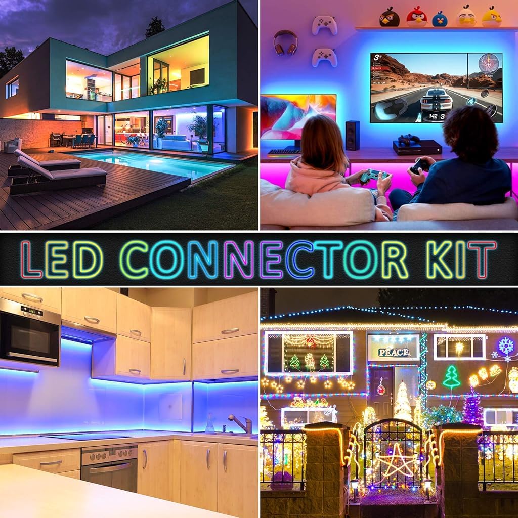 HASTHIP LED Strip Light Connectors Kit RGB LED Strip Connector Kit LED Modification Connector Kit for 10mm 4 Pin 5050 RGB LED Lights, Solderless Adapter 2 Way Splitter Strip Jumper