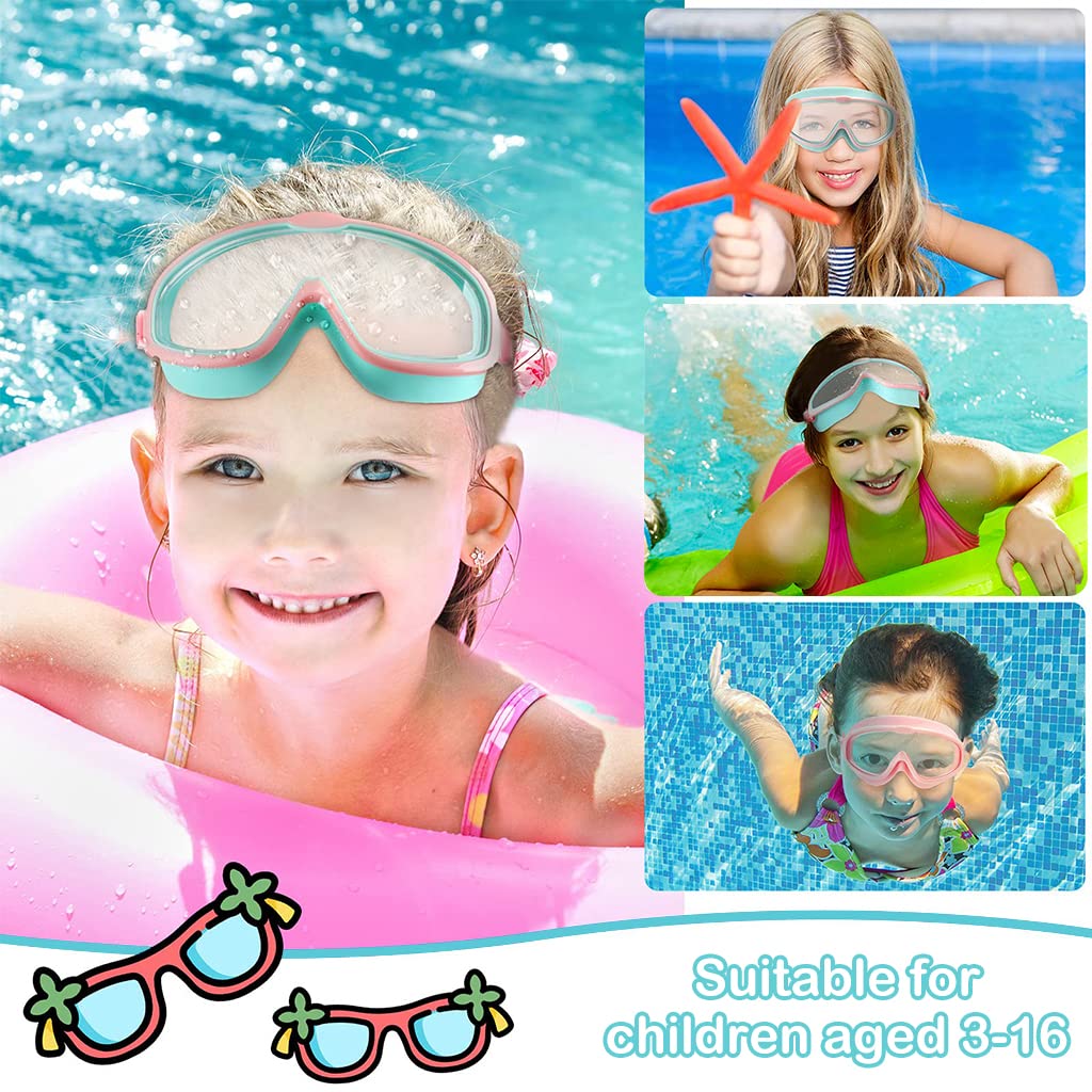 Proberos Swimming Goggles for Kids with Ear Plugs, Big Frame Leakproof Swimming Goggles for Children Kids, Professional Swim Goggles with Anti Fog and UV Protection for Boys Girls for Age 2-16(Pink)