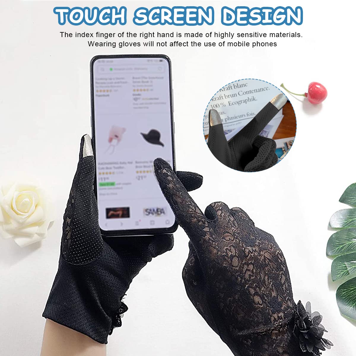 PALAY Lace Gloves for Women Ladies Black Elegant Flower Bridal Gloves Short Sun Protection Gloves for Wedding, Party, Prom, Festival