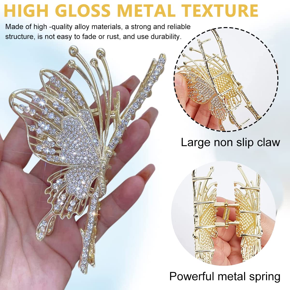 PALAY Butterfly Hair Claw Clips for Women Sparkly Rhinestone Large Clutchers for Hair Non-Slip Metal Hair Clips Strong Big Hair Jaw Clips Gift