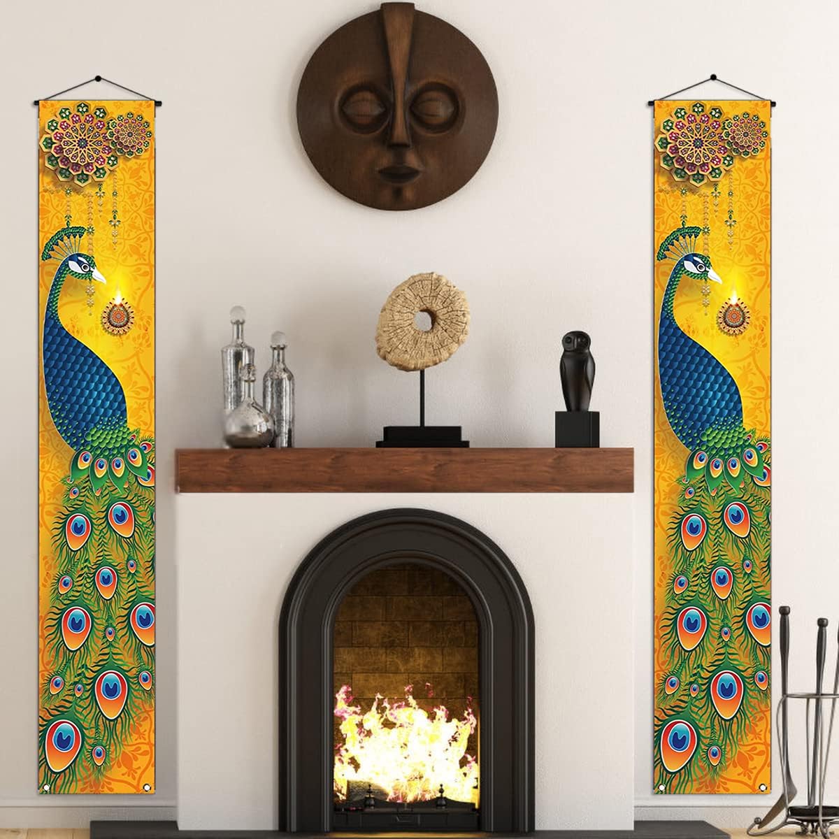 HASTHIP 1 Pair Happy Diwali Hanging Banner Porch Sign Decorations, Deepavali Indian Festival of Lights Peacock Indian Holiday Party Front Door Wall Hanging Banner Decoration, 12×71''