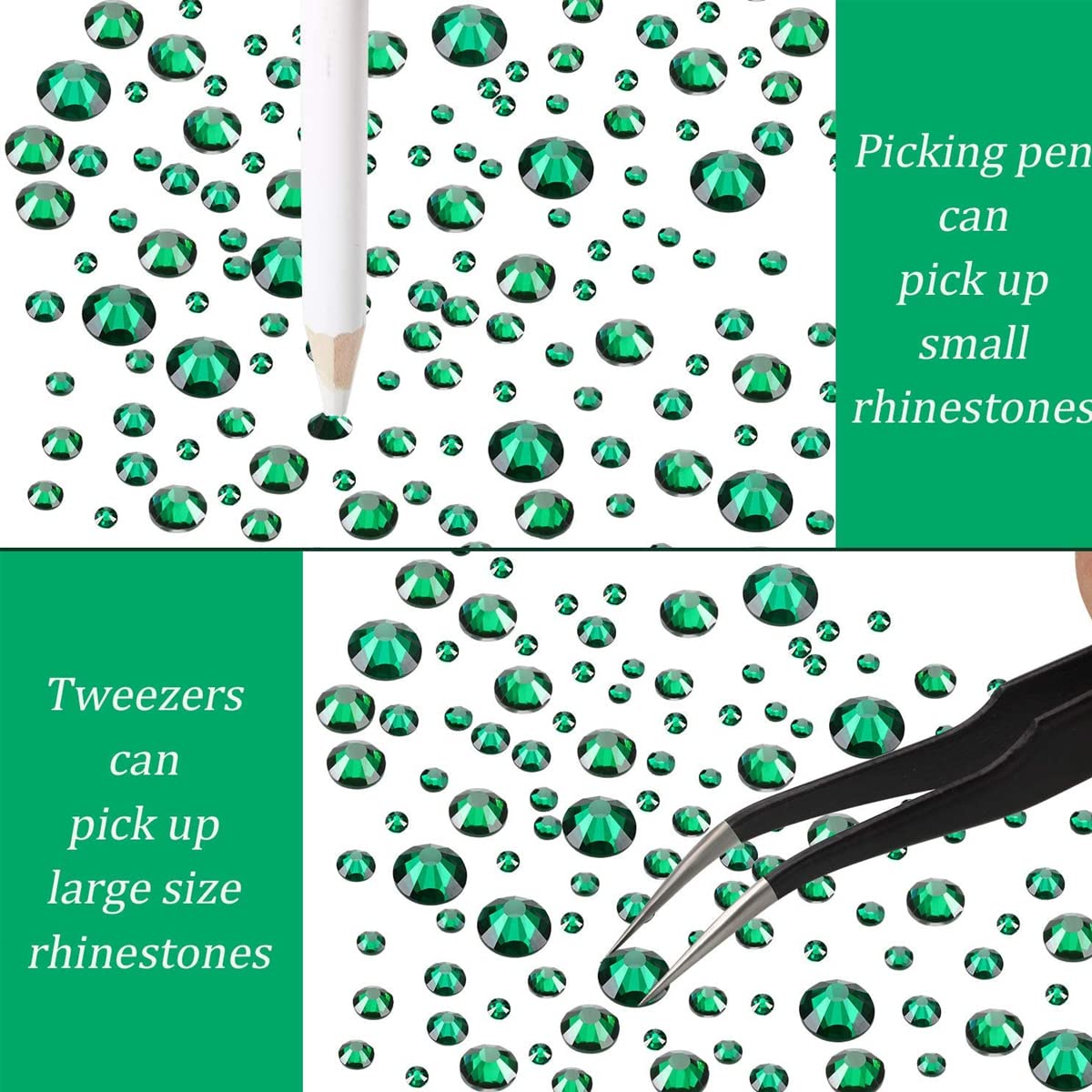 MAYCREATE Nail Art Rhinestones Kit, 12 Grid Imitation Glass Crystal Manicure Art Box, Nail Gems AB Flatback Rhinestones Gems Stones with Tweezers and Picking Pen(Green)