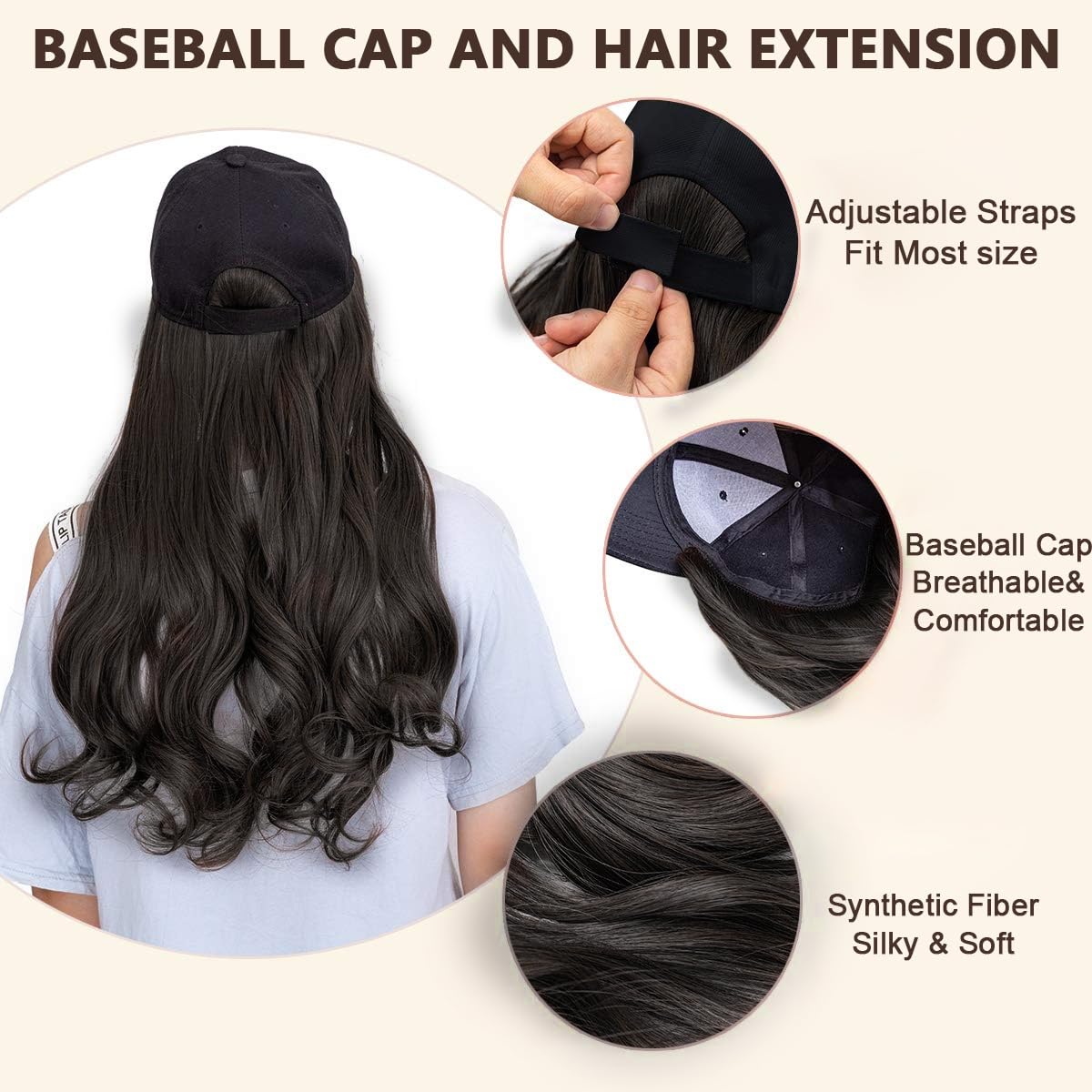 MAYCREATE Baseball Cap with Hair Extensions for Women, Adjustable Wavy Hair Wig Cap for Girls, Black K-pop Style Hat with 24in Long Synthetic Wig Attached
