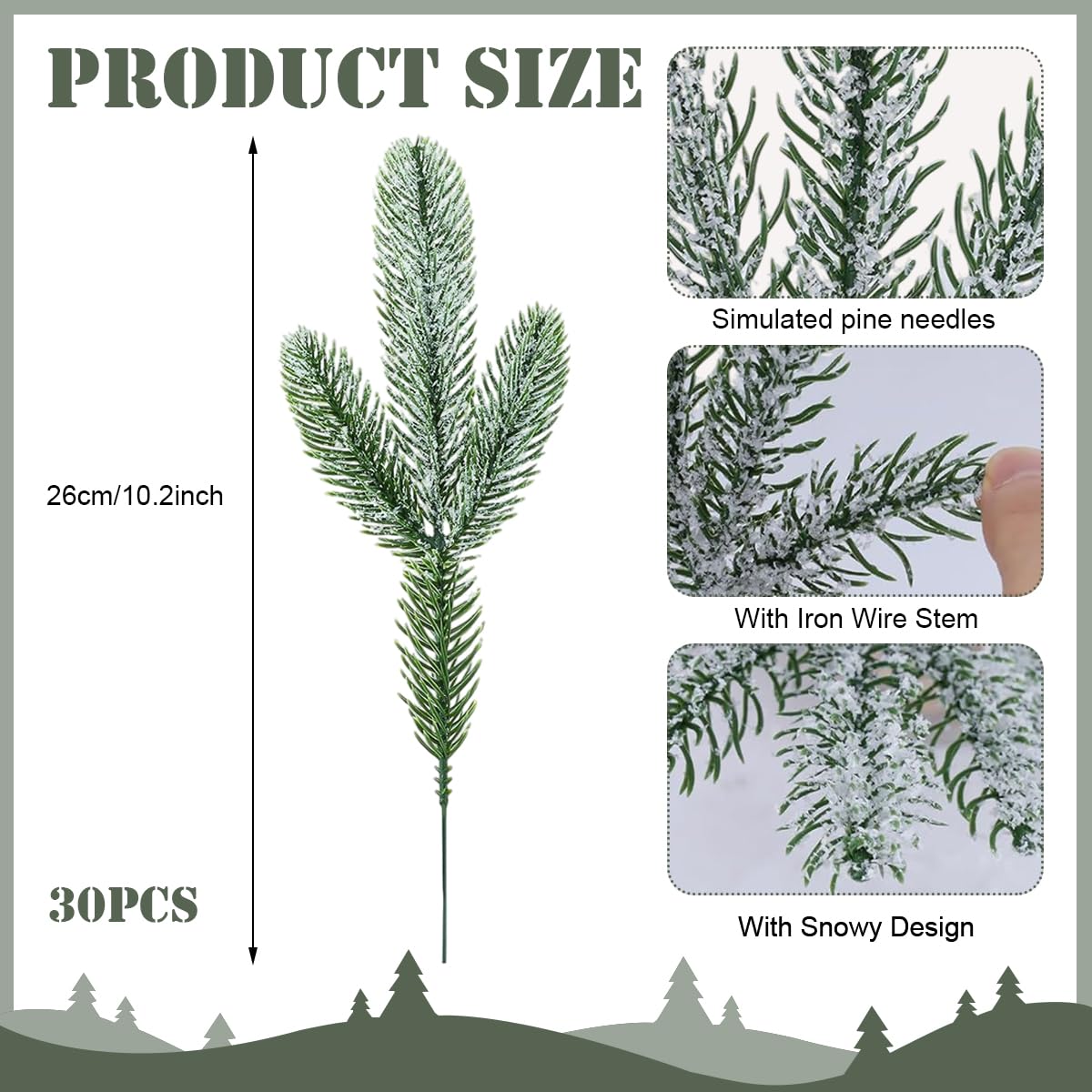 HASTHIP 30pcs Christmas Tree Ornaments 10.24inches Snow-Dusted Pine Branches Green Flocked Pine Needle Branches Multi Purpose Decorative Christmas Pine Branches for Garland Wreath Home Garden Decor