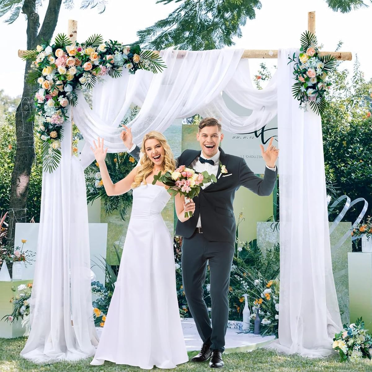 SNOWIE SOFT Wedding Arch Draping Fabric, White Wedding Arch Drapes Sheer Backdrop Curtain with 2 ribbons for Wedding Ceremony Party Ceiling Decor Dreamy Pearl Chiffon Wedding Backdrop For Decoration