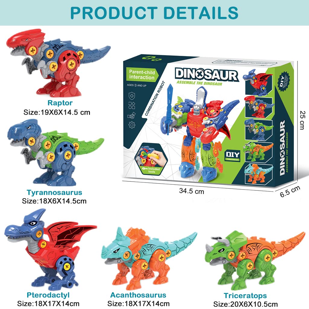 PATPAT 5 in 1 Dinosaur Toys STEM Construction Building Toys for Kids, Dinosaur Transformers Toy with Toy Screwdriver Dinosaur Assembling Building Block Toy Birthday Gifts for 4-8 Year Old Boys Girls