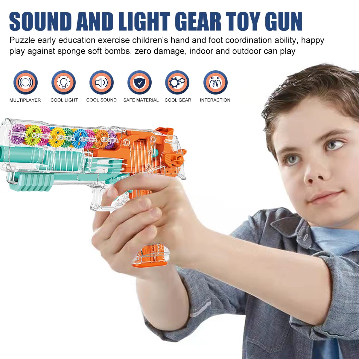 PATPAT Musical Toys for Kids,Transparent 3D Gear Simulation Mechanical Gun Toys with 5pcs Soft Ammunition,LED Flashing Lights and Sound Toys for Kids Boys Girls,Birthday Christmas Gift - Orange