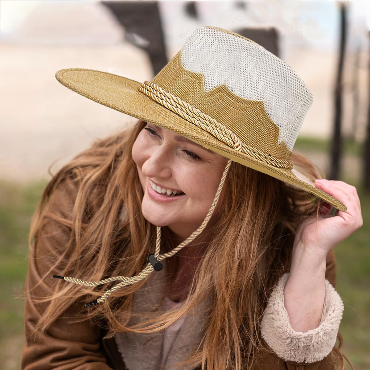GUSTAVE Cowboy Hats for Men, Breathable Woven Flax Sun Hat, Wide Brim Sun Protection, Fashionable Summer & Hiking Hat with Secure Chin Strap, Classic Western Style, Khaki