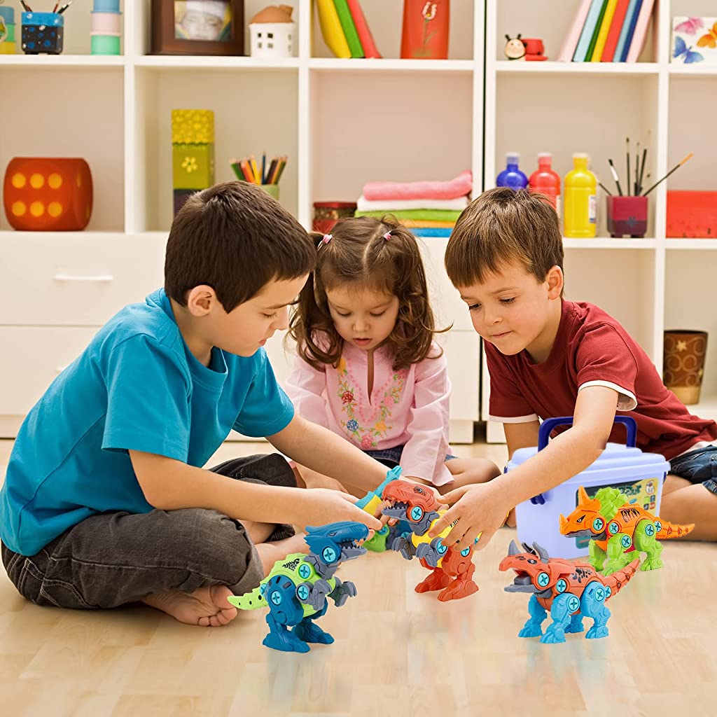 PATPAT Dinosaur Toys for Kids, STEM Construction Building Toys for Kids, 4 PCS Dinosaur Toy with Electric Screwdriver & Storage Box, Assembling Building Blocks Birthday Gifts for 3 - 8 Year Old Kids