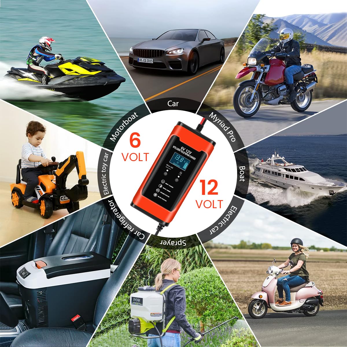 Verilux® Car Battery Charger 6A 12V Automatic Battery Charger with Battery Repair Mode EU Plug & Play Smart Battery Charger with LCD Display, Safe Battery Charger for Car, Lawn Mower, RV