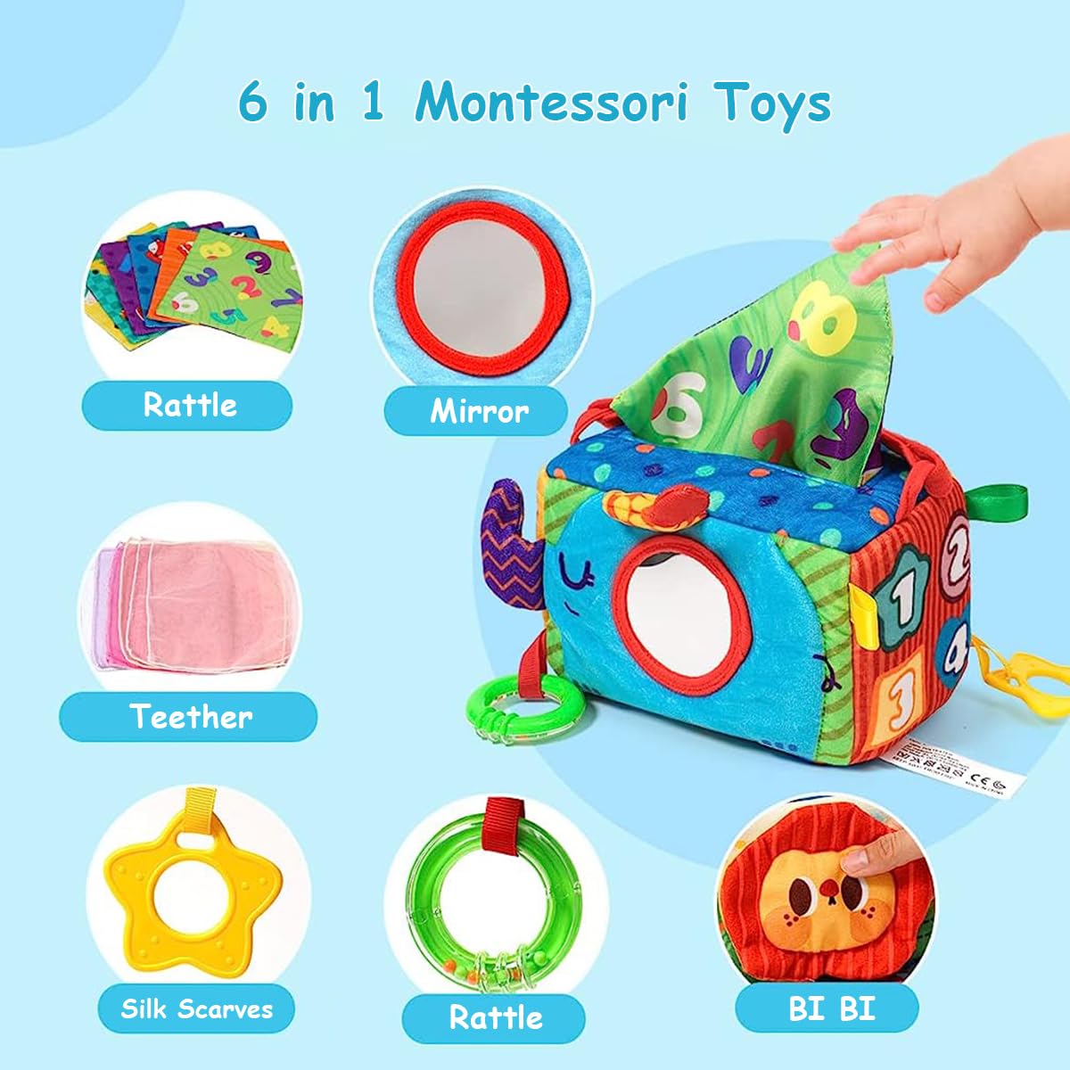 PATPAT Baby Tissue Box Toy, Montessori Toy Sensory Toy Box Soft Stuffed Square Tissue Box Sensory Toy with Funny Mirror, Teether, Cradle Toy Soft Toys for Toddler Gift for Toddlers