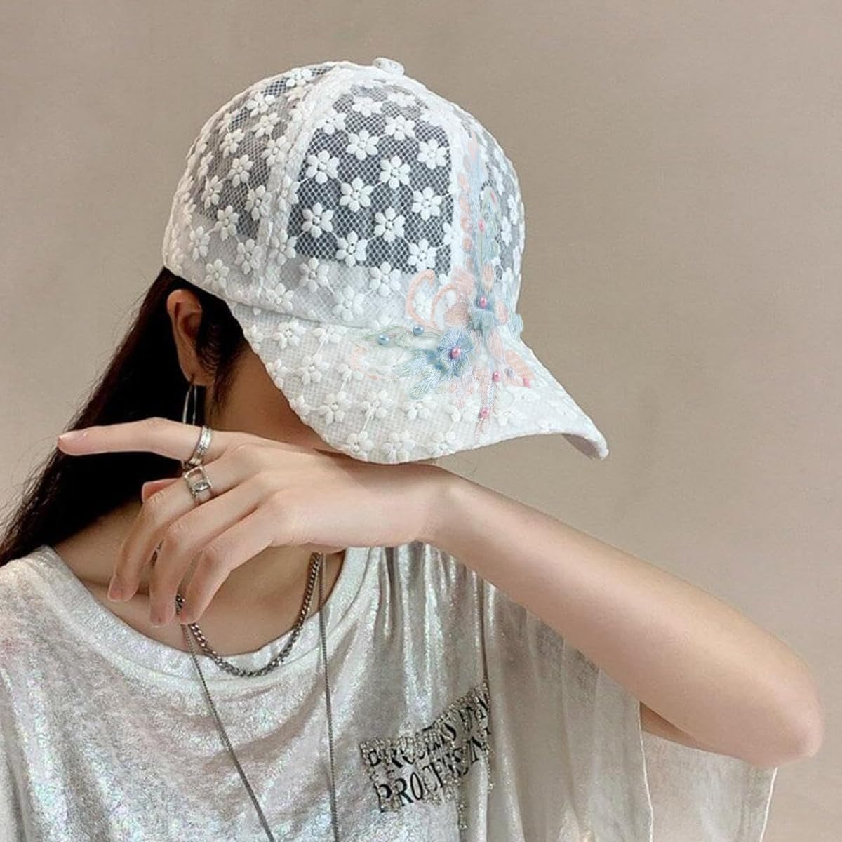 PALAY Lace Cap for Women Summer Flower Embroidery Women Cap Fashion Baseball Cap for Girls Pearl Decor Casual Hat Breathable Lightweight Golf Sport Cap