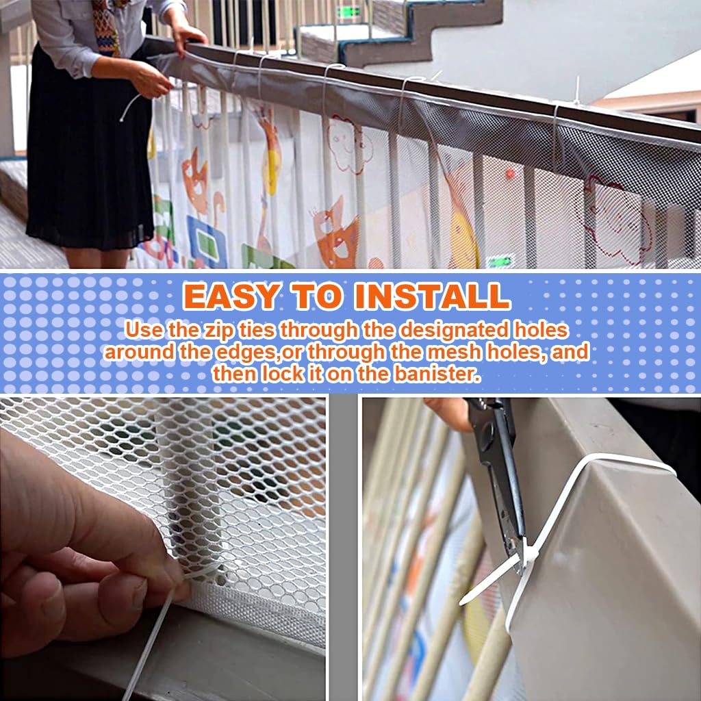 SNOWIE SOFT Baby Safety Net Banister Guards Stairway Rail Net Thicken Polyester 14.7 ft Long 31 Inches High Stairway Baby Guards with 55 Nylon Zip Ties Ropes Safety Net for Stairway, Balcony