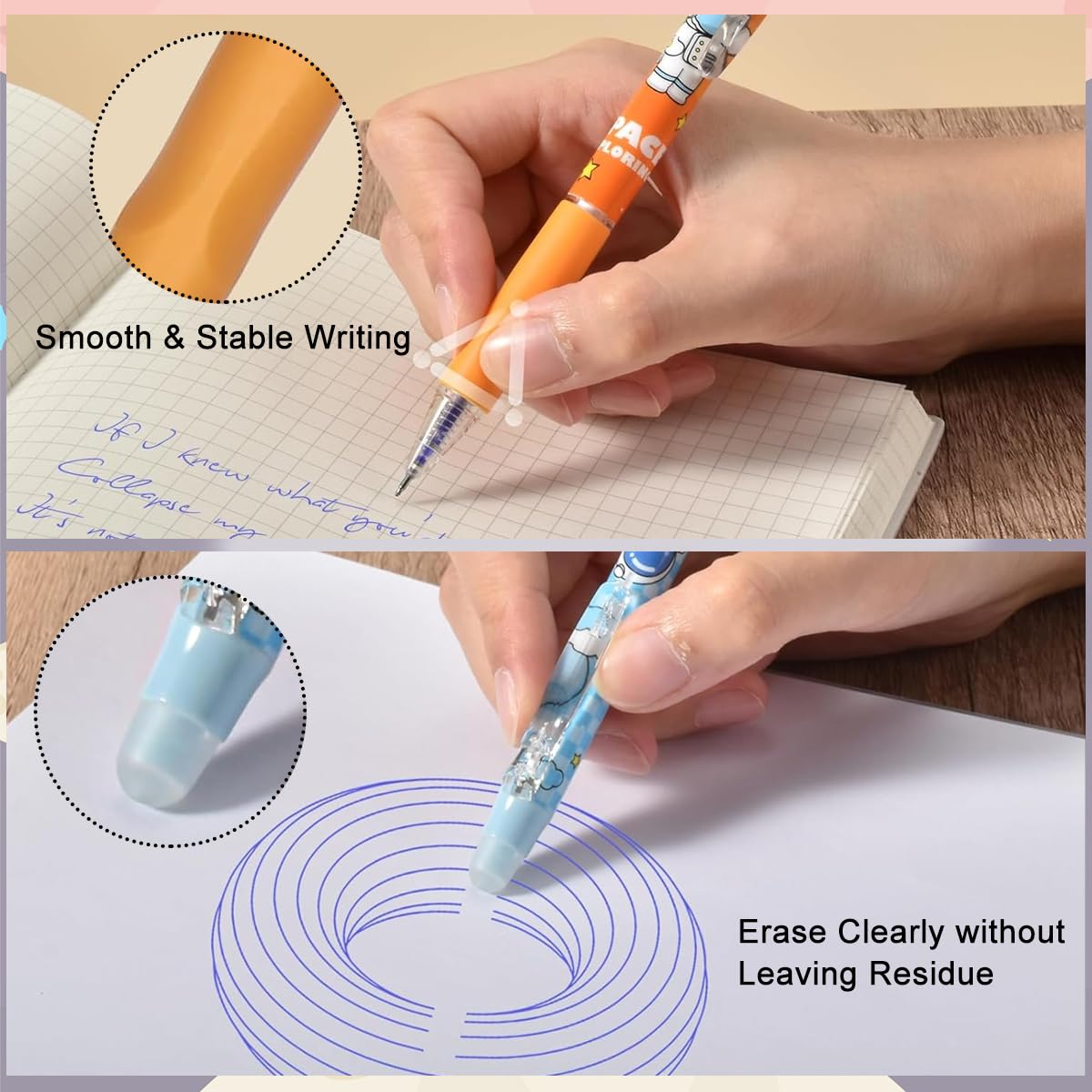 HASTHIP 6Pcs Erasable Pens with Rubber Eraser Cap Earsable Clip Pen 0.5mm Thickness Thermo-sensitive Erasable Pens Child-friendly Rubberized Grip Cartoon Erasable Pens for Writing, Drawing, Sketching