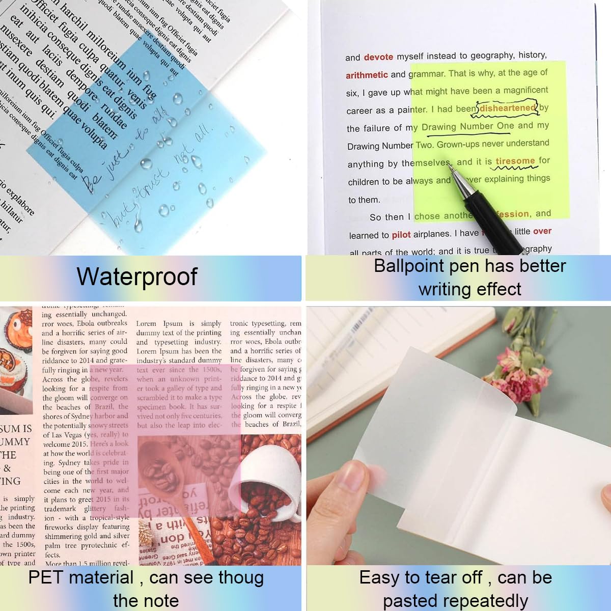 HASTHIP 650 Sheets Sticky Notes, Self Adhesive Transparent Sticky Notes, Pastel Clear Sticky Notes, See Through Coloured Translucent Sticky Notes for Students School Office Supplies