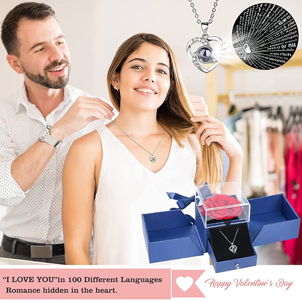 HASTHIP Eternal Rose Necklace for Women Girls Creative Preserved Rose Flower Necklace Gift for Women Creative 'I Love U' Projection Necklace Gifts for All Ladies on Birthday Christmas Valentines Day