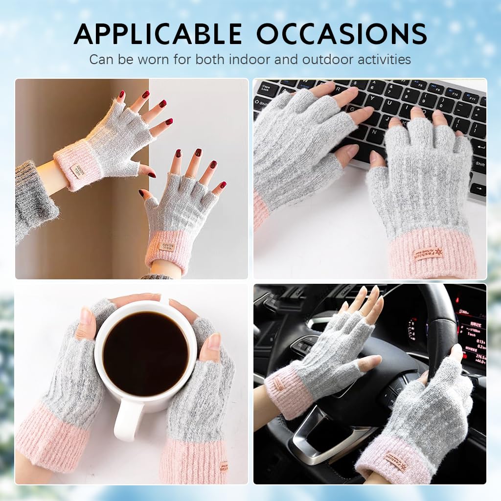 GUSTAVE Winter Warm Gloves for Women Fingerless Warm Gloves Soft Chinlon Fingerless Gloves Fashion Contrast Color Winter Gloves Chirstmas Gift for Women
