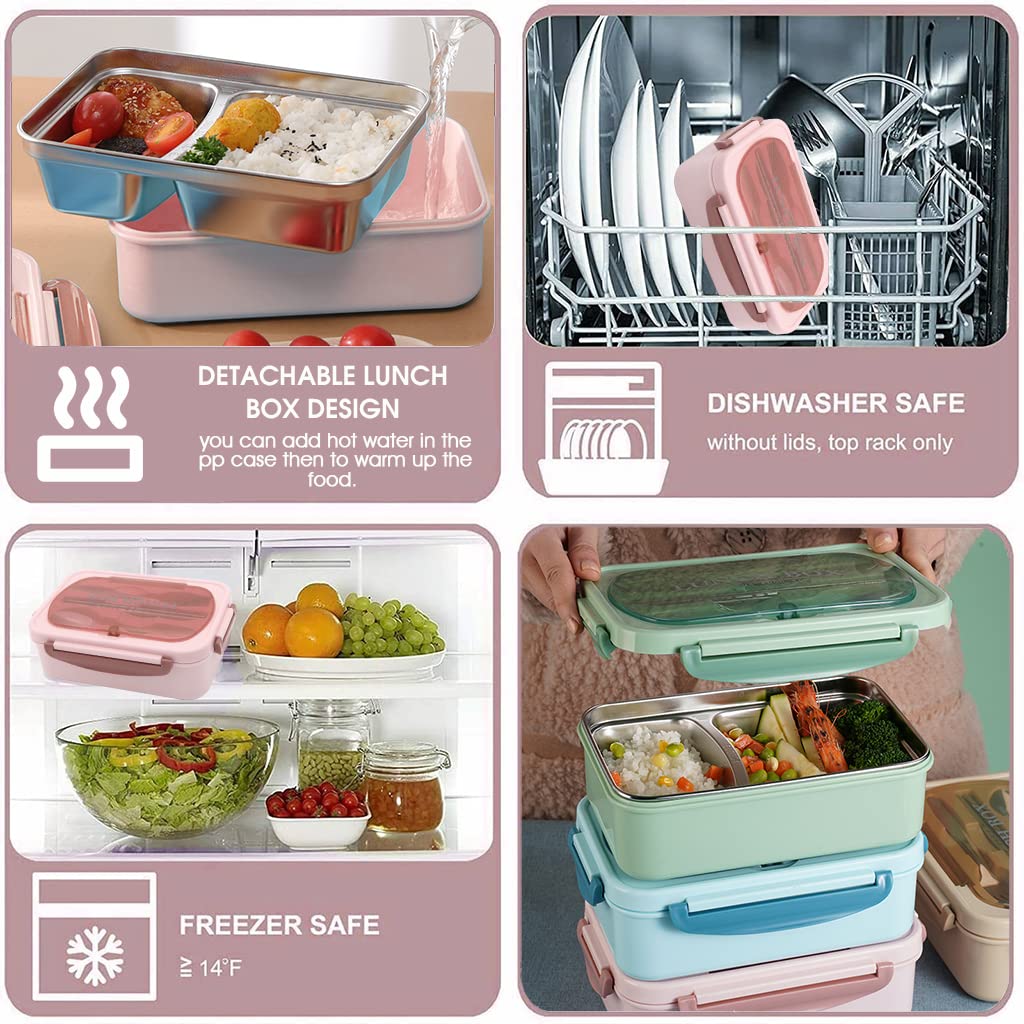 HASTHIP Lunch Box for Men Women Students Kids with 304 Stainless Steel Inner Gall and Cultery, 1000ML Leakproof Bento Box Portable Lunch Box for School Office Picnic Camping