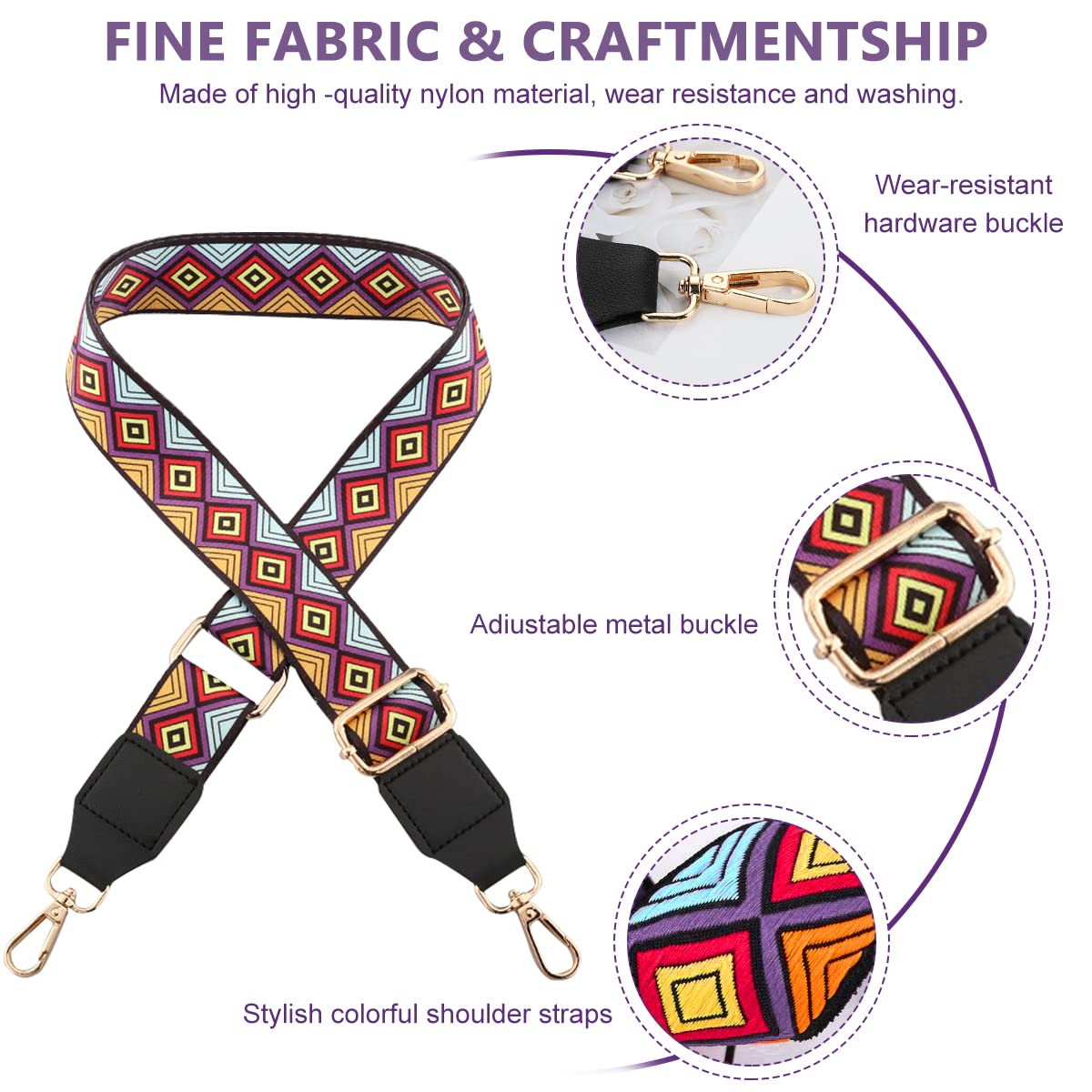 GUSTAVE Replacement Adjustable Geometric Print Nylon Shoulder Bag Straps for Sling Bag, Handbag, Travel Bag, Crossbody Bag