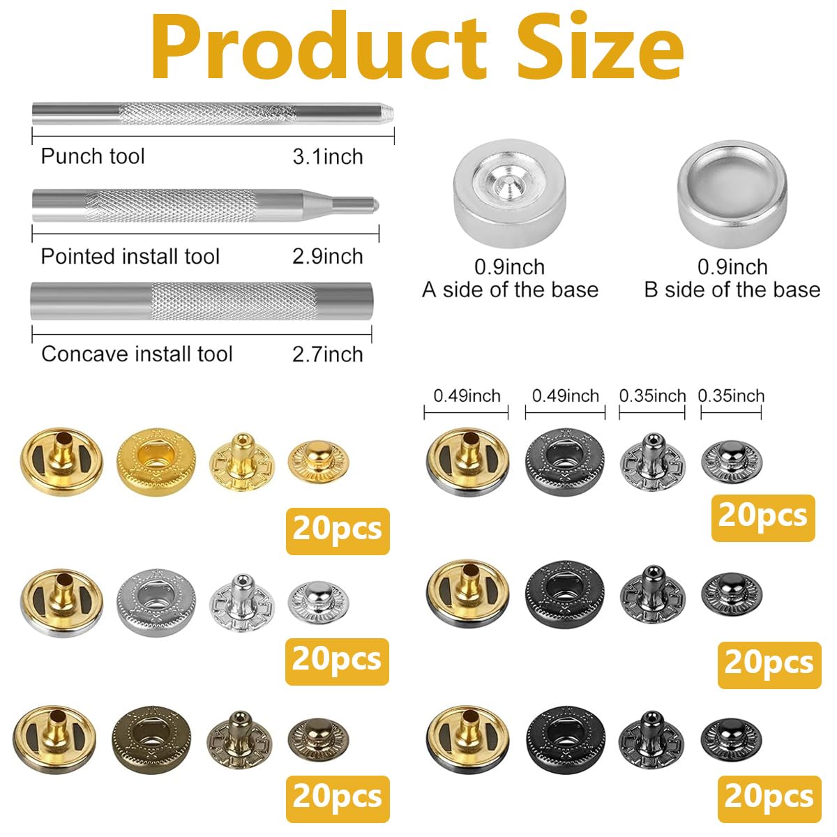 HASTHIP 120 Sets Metal Snap Button and Tools Set, 6 Color 12.5mm Button Snaps Press Studs with 4 Setter Tools, Leather Snap Fasteners Kit for Clothes, Jackets, Jeans Wears, Bags