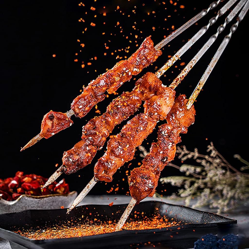 HASTHIP 10pcs Skewers for Grilling BBQ, 35cm Stainless Steel Kebab Skewers, Reusable BBQ Sticks for Vegetables, Meat, Chicken