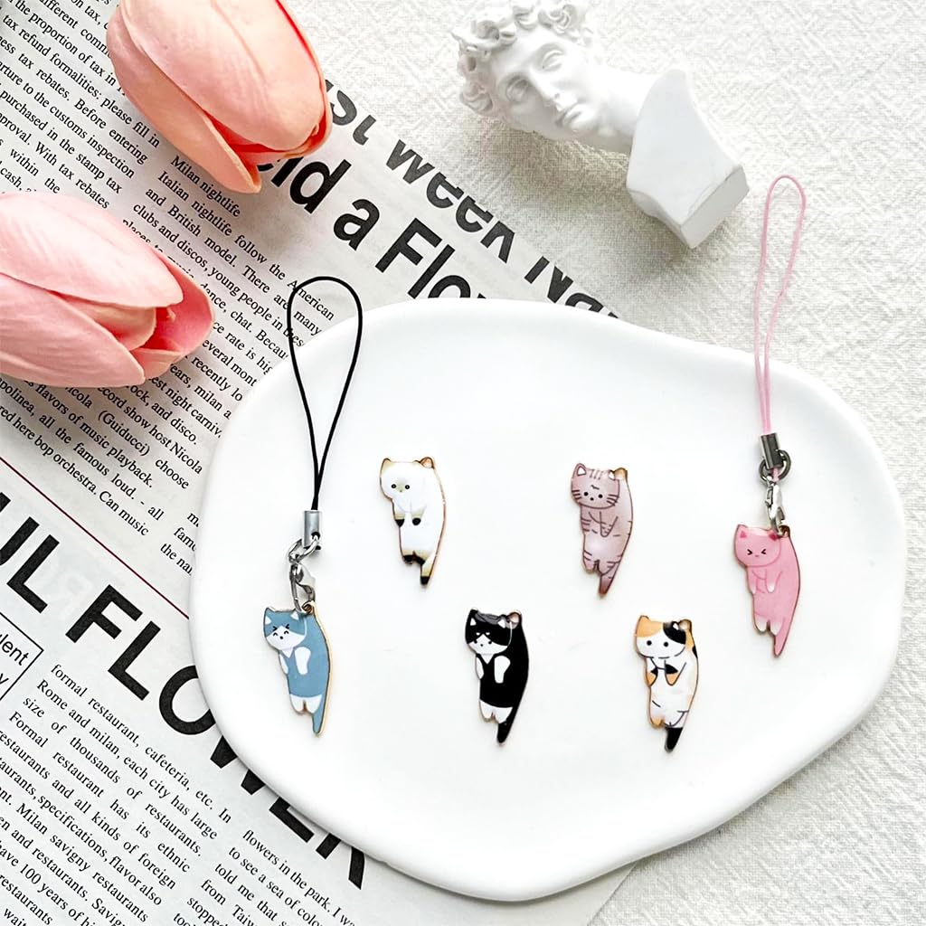ZORBES 6Pcs Kawaii Phone Charms Cute Kitty Alloy Pendent Charms with Line Loop Mobile Phone Charm, Keychain Charms, Backpack Charms, Bag Charms