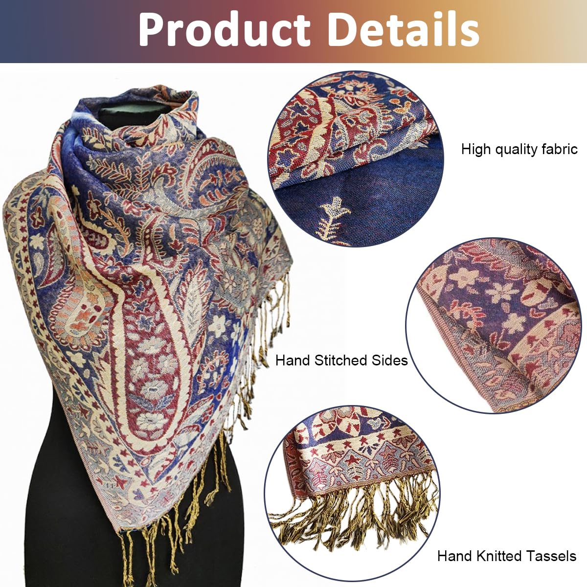 PALAY Women Shawl Long Scarf Shawl Fashion Color Jacquard Tassels Wraps Shawls Dacron Long Scarf Shawl Women Beach Wraps Beach Cover Ups, 70x200cm