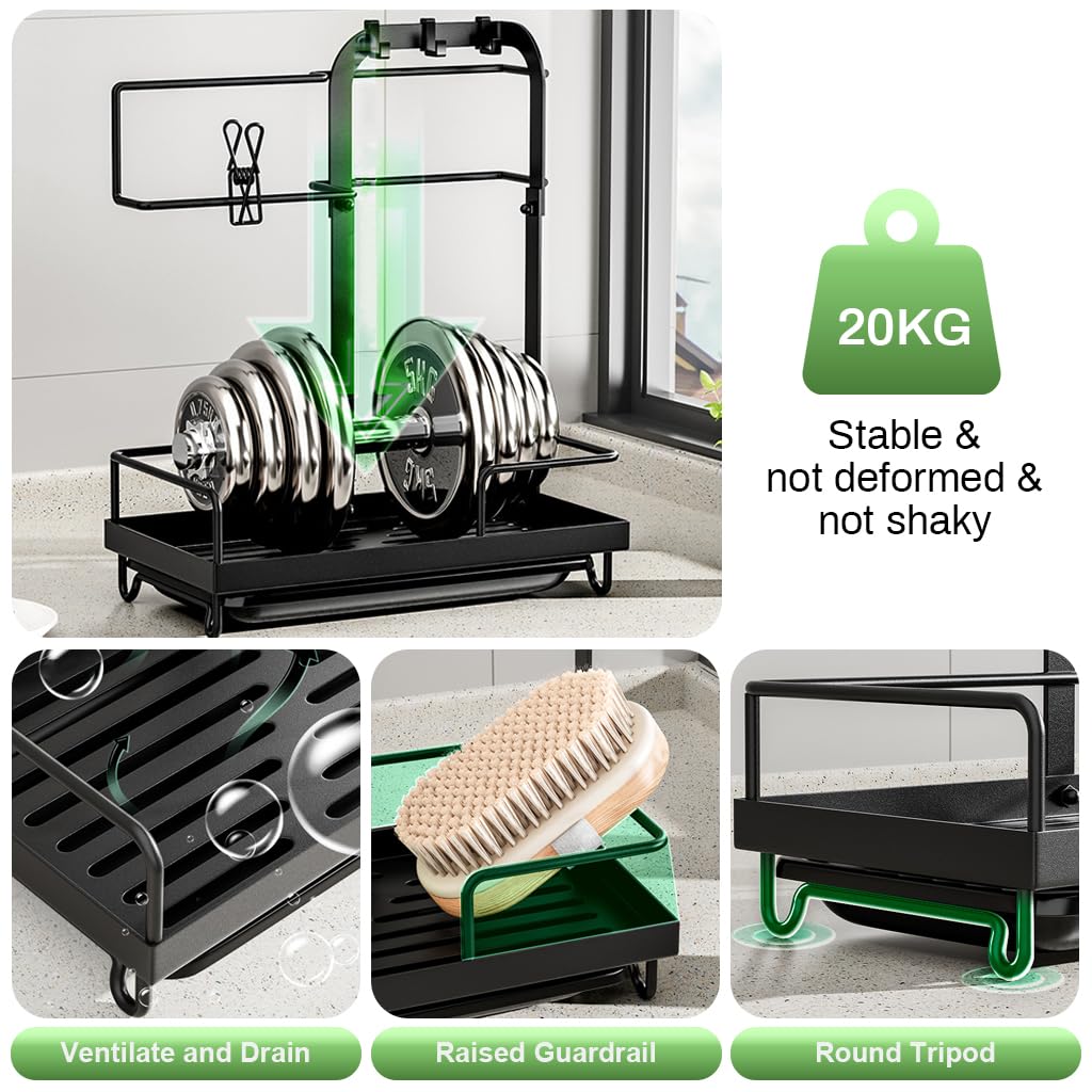 HASTHIP Kitchen Sink Organizer with Drainage System & Water Catch Tray, Sink Caddy Kitchen Sink Organizer, Large Sponge Holder for Kitchen Countertop with Hooks for Dish Brush Gloves, Black