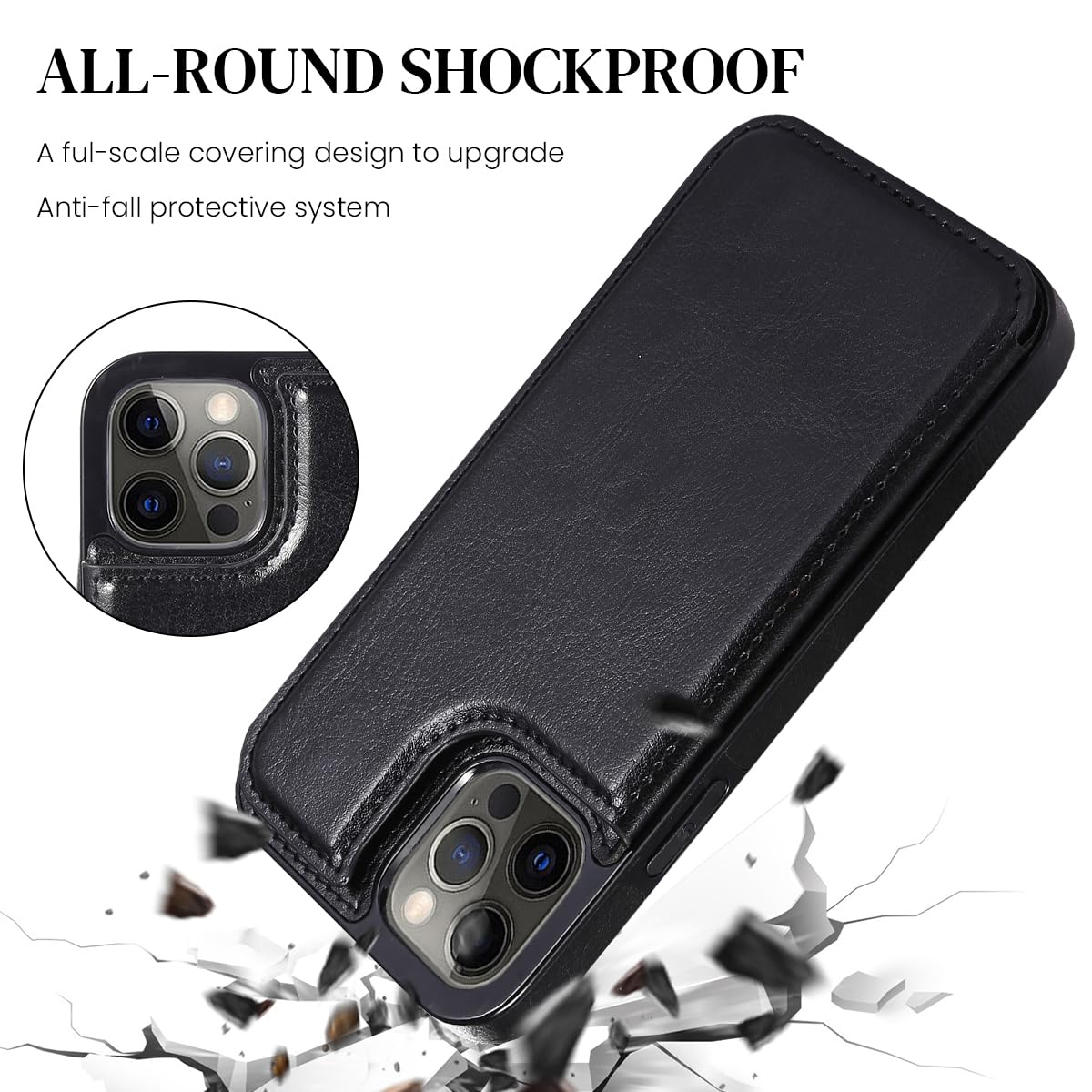 ZORBES Leather Phone Case for iPhone 15 Pro Max Stylish PU Phone Case with 4 Card Slots 2 in 1 Leather Phone Case for iPhone 15 Pro Max Snap Button Flip-Open Leather Wallet Phone Case Black
