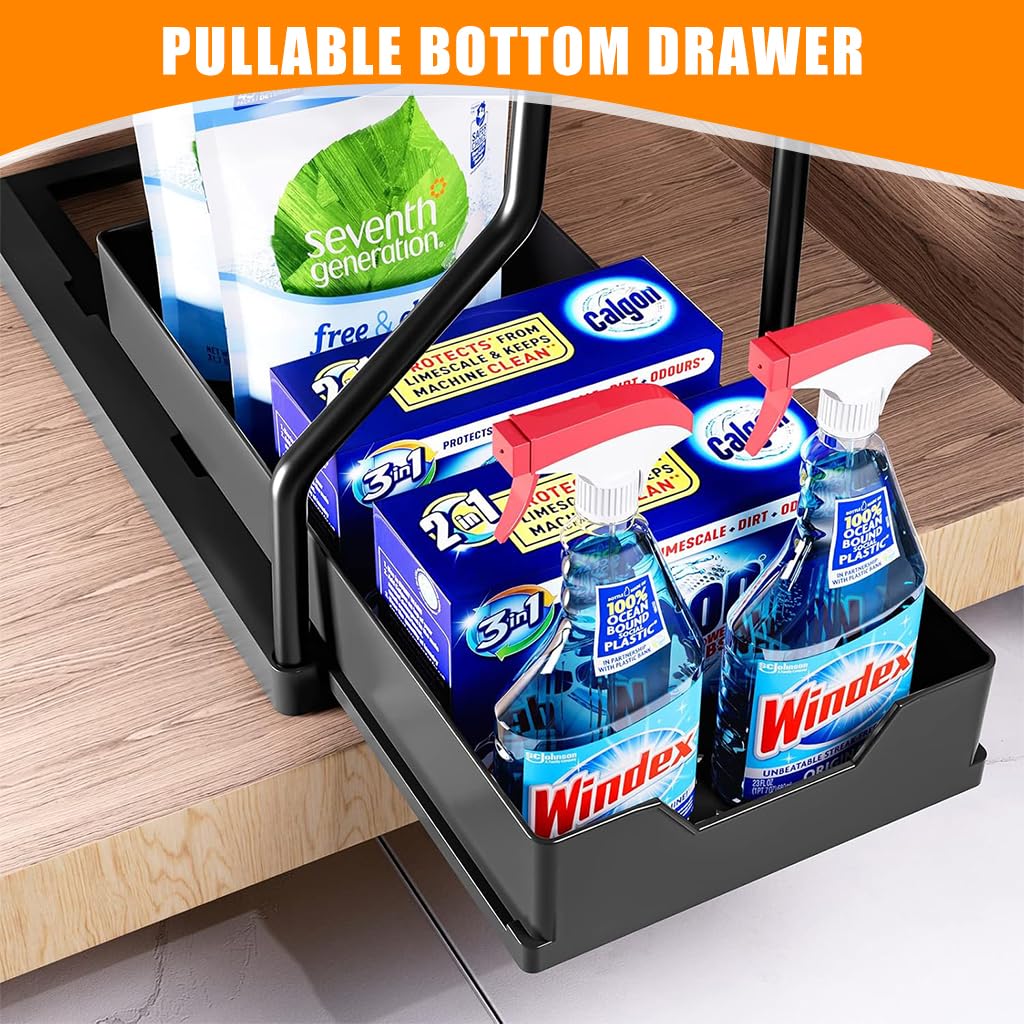 HASTHIP Double Layer Kitchen Organizer with Sliding Drawer Rack, Removable Cutlery Holder, Utility Hooks, and Seasoning Jar Storage, Space-Saving Under Sink Organizer for Small Kitchens (Black)