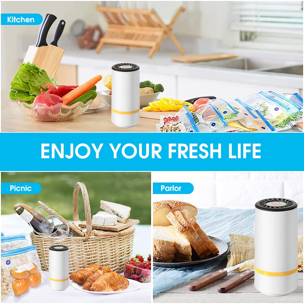 HASTHIP Portable Vacuum Sealer Set, USB Rechargeable Handheld Pump, with 5 Reusable Zipper Vacuum Bags, Automatic Vacuum Air Sealing Machine, Easy to Clean and Keep Fresh