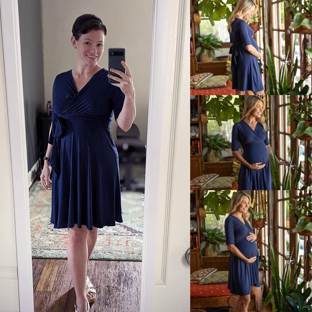 PALAY Maternity Dress for Women with Fasten Belt, Stylish V-Neck Pregnancy Dress for Nursing Pre and Post Pregnancy, Knee Length Western Maternity Dress (M)